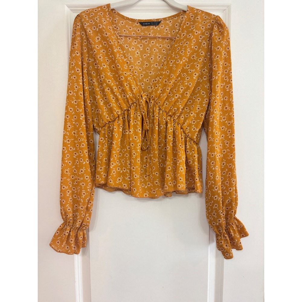Shein Mustard Yellow Floral Tie Front Peplum Top Long Sleeve V-Neck Size M